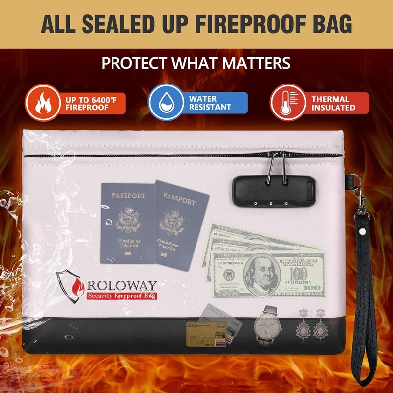 ROLOWAY Fireproof Money Bag with Lock for Cash, 6400°F Fire Proof Document Bag (12.2 x 8.5 x1.6 inches), Money Pouch with Zipper (Gray) - Image 3